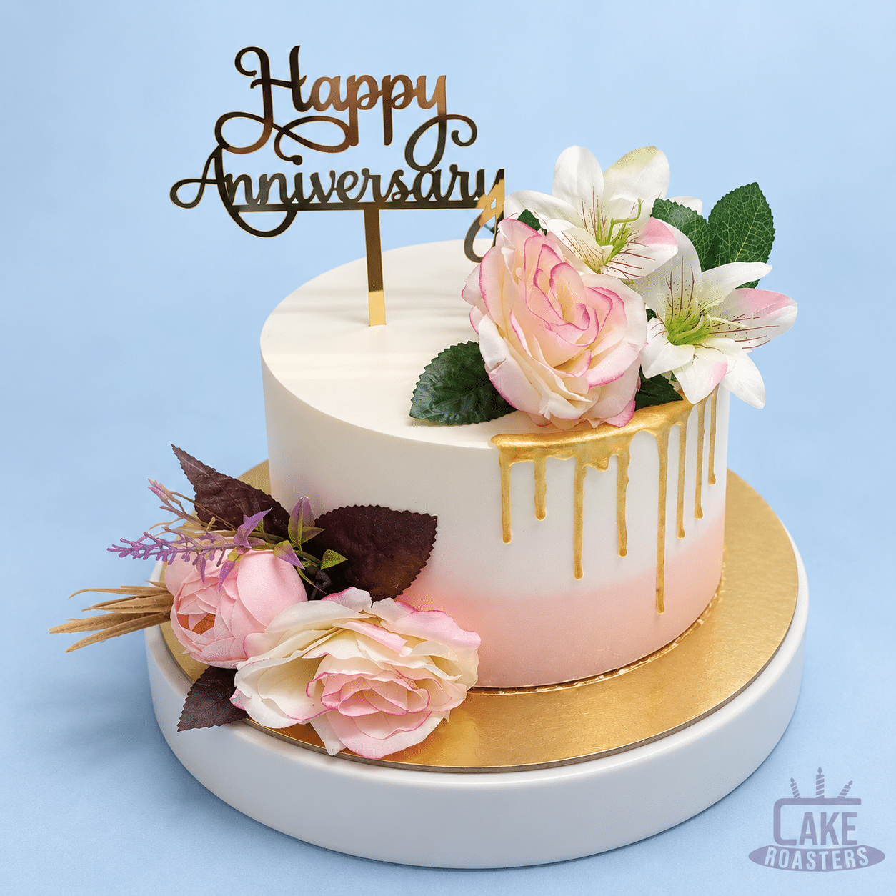 Blush Floral & Gold Drip Anniversary Cake - Image 2