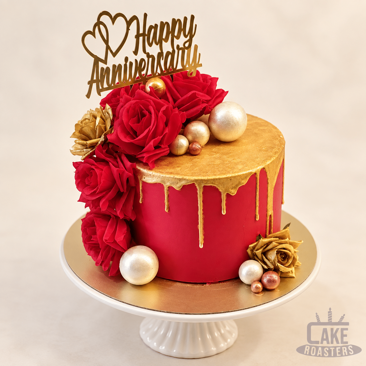 Red Rose & Gold Drip Anniversary Cake - Image 2