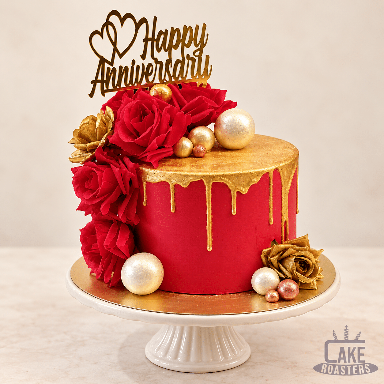 Red Rose & Gold Drip Anniversary Cake